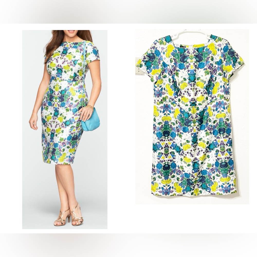 Talbots Plus Size Mirrored Floral Blue Green Purple Sheath Midi Multicolor Dress
